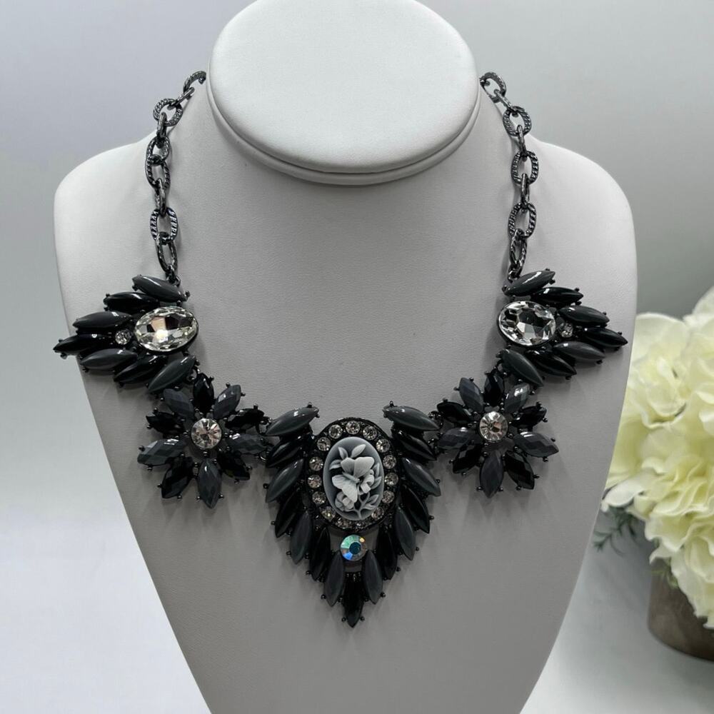 Amrita S Gray Black‎ Rhinestone Carved Floral Butterfly Cameo Statement Necklace
